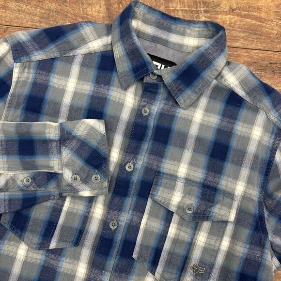 Fox Racing Shirt‎ Mens Medium Gray Blue Plaid Long Sleeve Button Up Outdoor - Picture 1 of 8